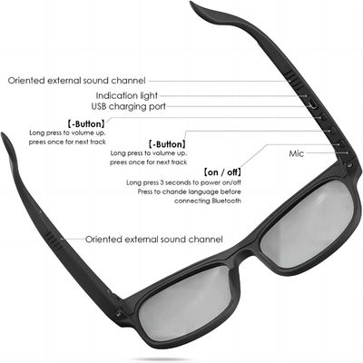 Anti lente UV dell'orecchio delle cuffie di Bluetooth del controllo del volume nero aperto degli occhiali da sole